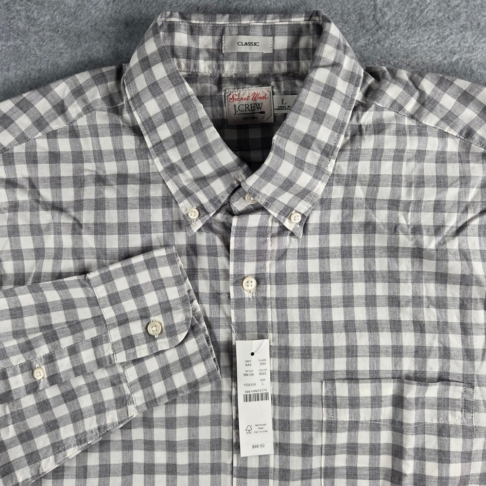 J.Crew Secret Wash Shirt Mens L Grey White Gingham Classic Fit BN126 NEW